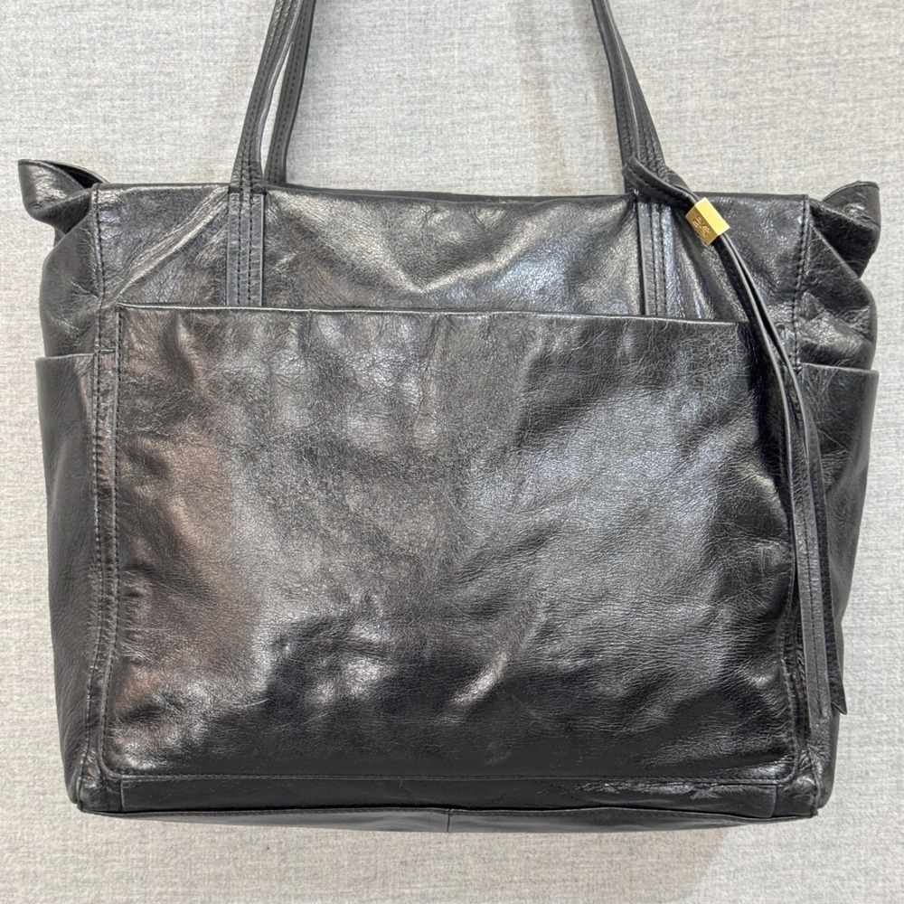 Hobo International Black Leather Tote Shoulder Bag Large Pocket Book Brass Zip - Picture 2 of 13
